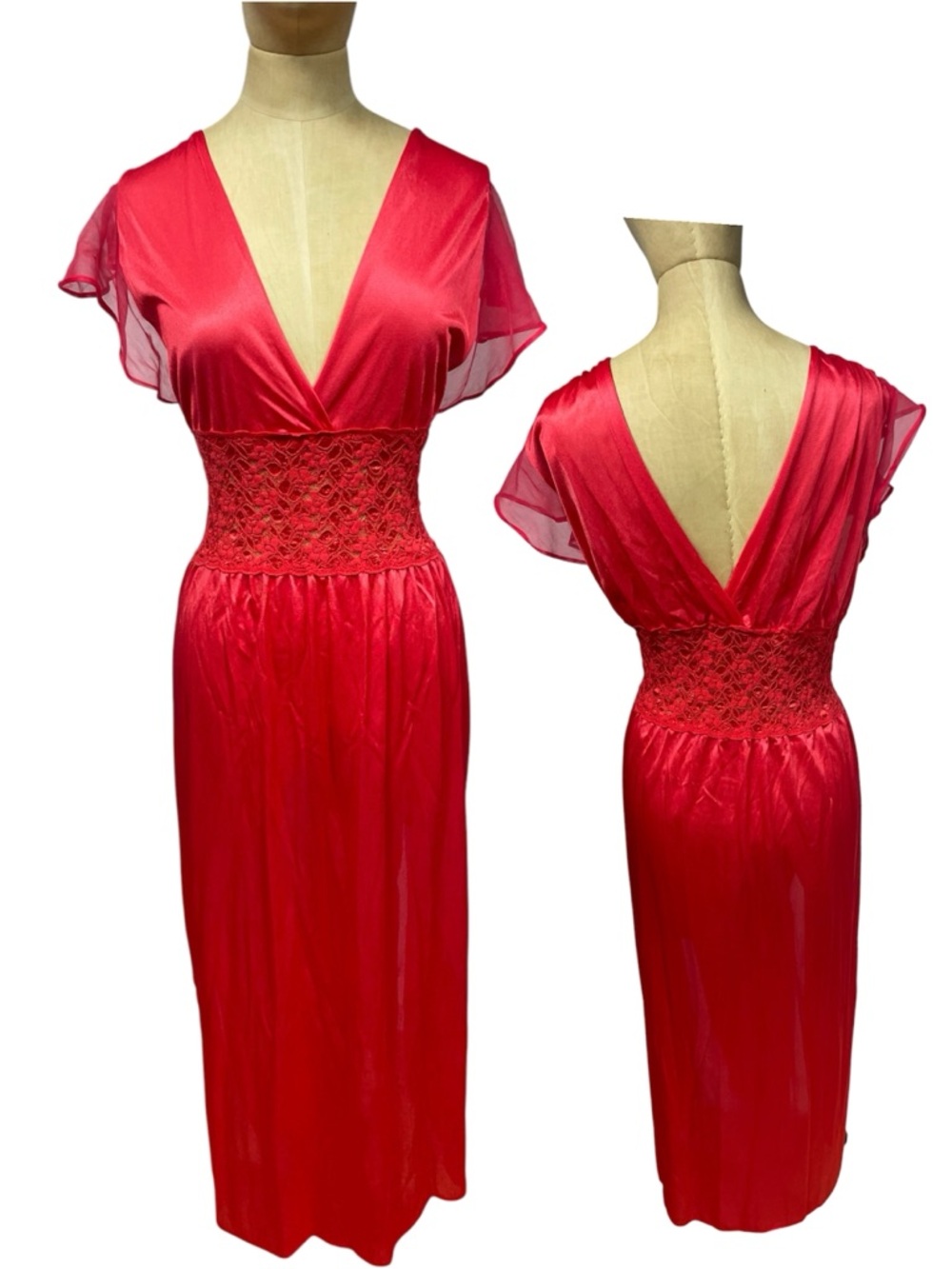 Satin Lace Peignoir Nightgown Red Dress 2X Romantic Maxi Nylon Sultry Vamp VTG